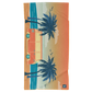 Image of towel with van in front of sunset near trees. Color is orange and blue. 