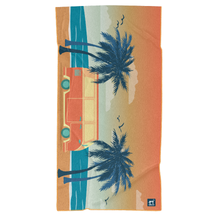 Image of towel with van in front of sunset near trees. Color is orange and blue. 